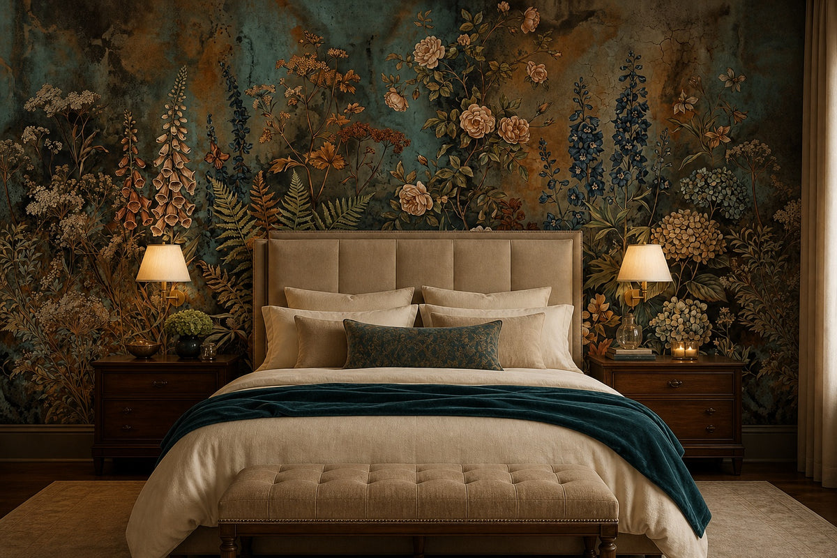 Teal Antique Wildflower Garden Wallpaper Mural - 5