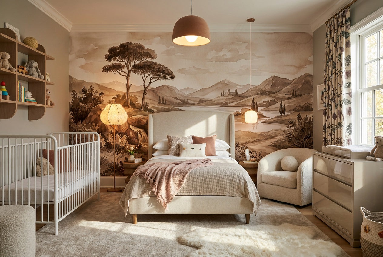 Taupe Pine Lake Landscape Wallpaper Mural - 6