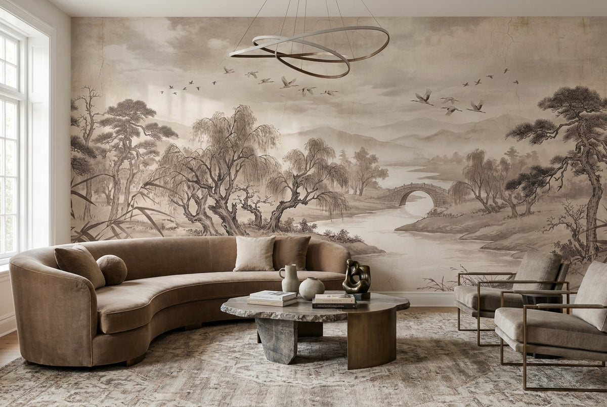 Taupe Ink River Landscape Wallpaper Mural - 6