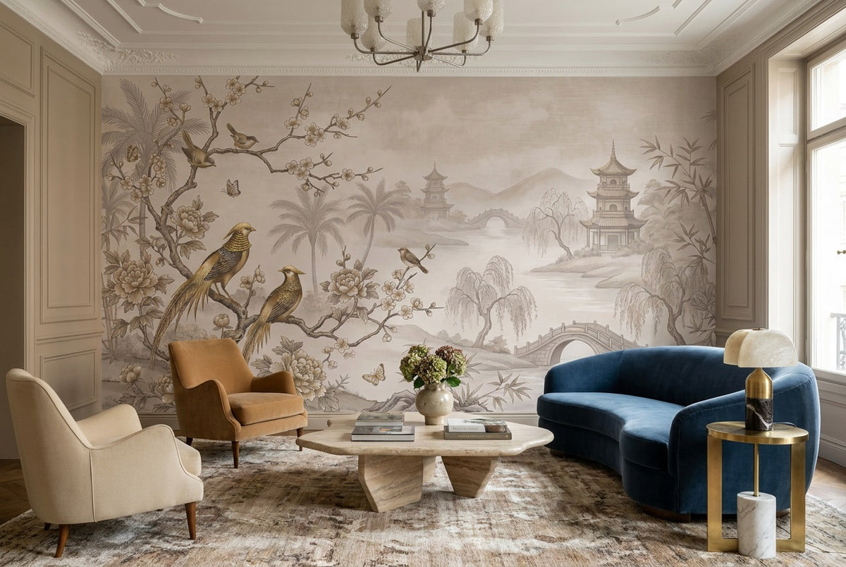 Taupe Pagoda Landscape Chinoiserie Wallpaper Mural - 6