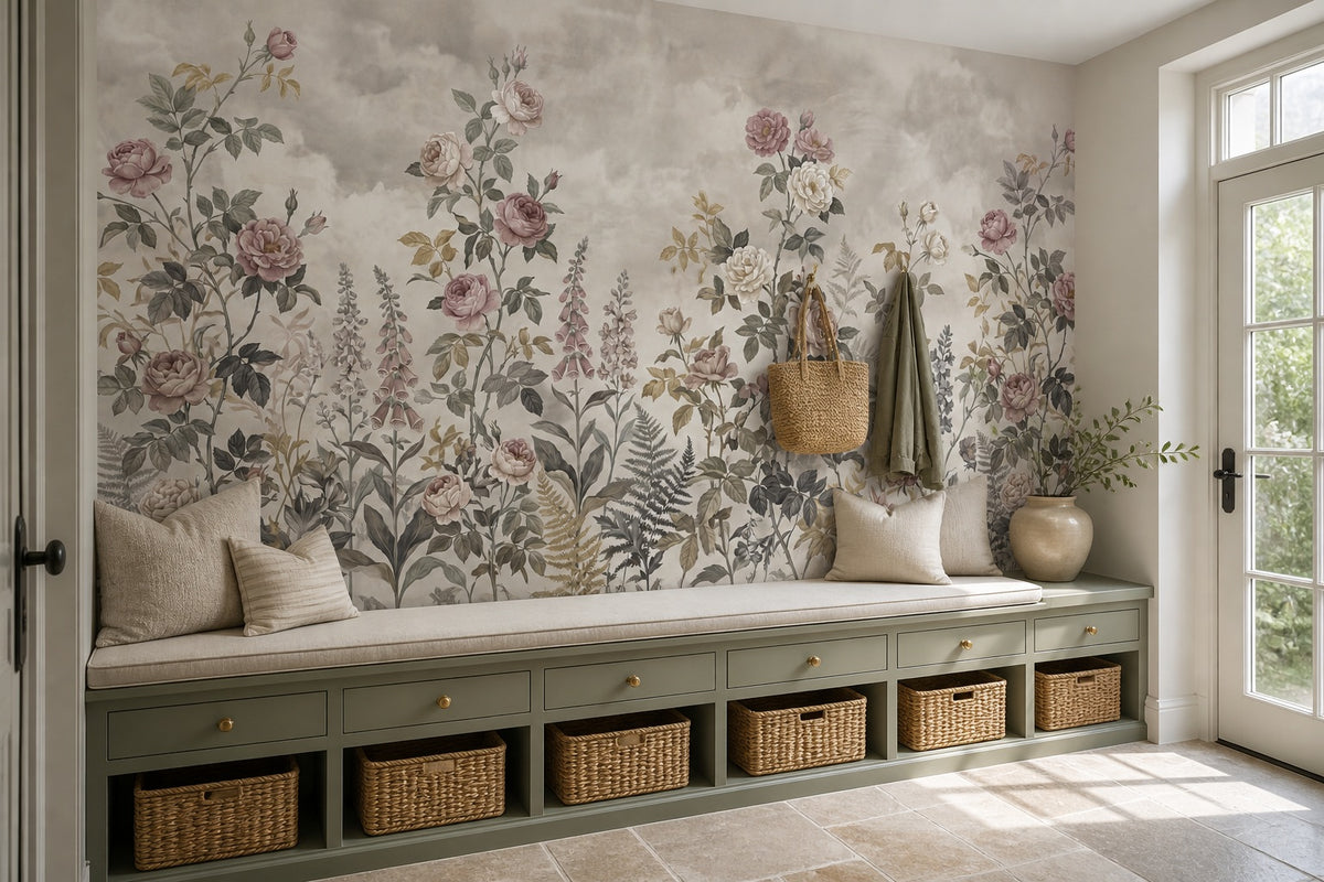 Taupe Rose Border English Garden Wallpaper Mural - 8