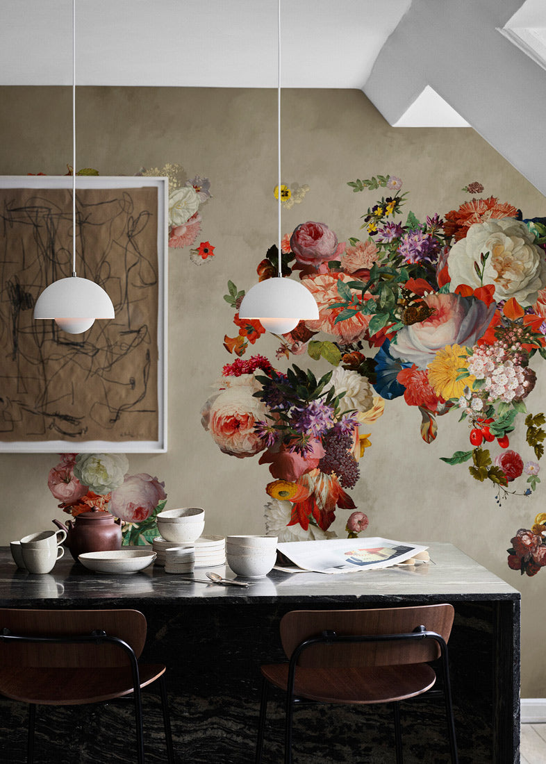Floral World Map Wall Mural Wallpaper in dining room