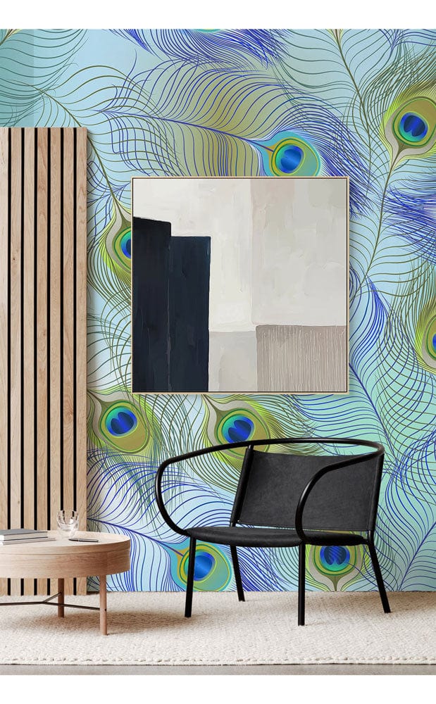 Wallpaper mural with a turquoise peacock feather design for the hallway's decor.