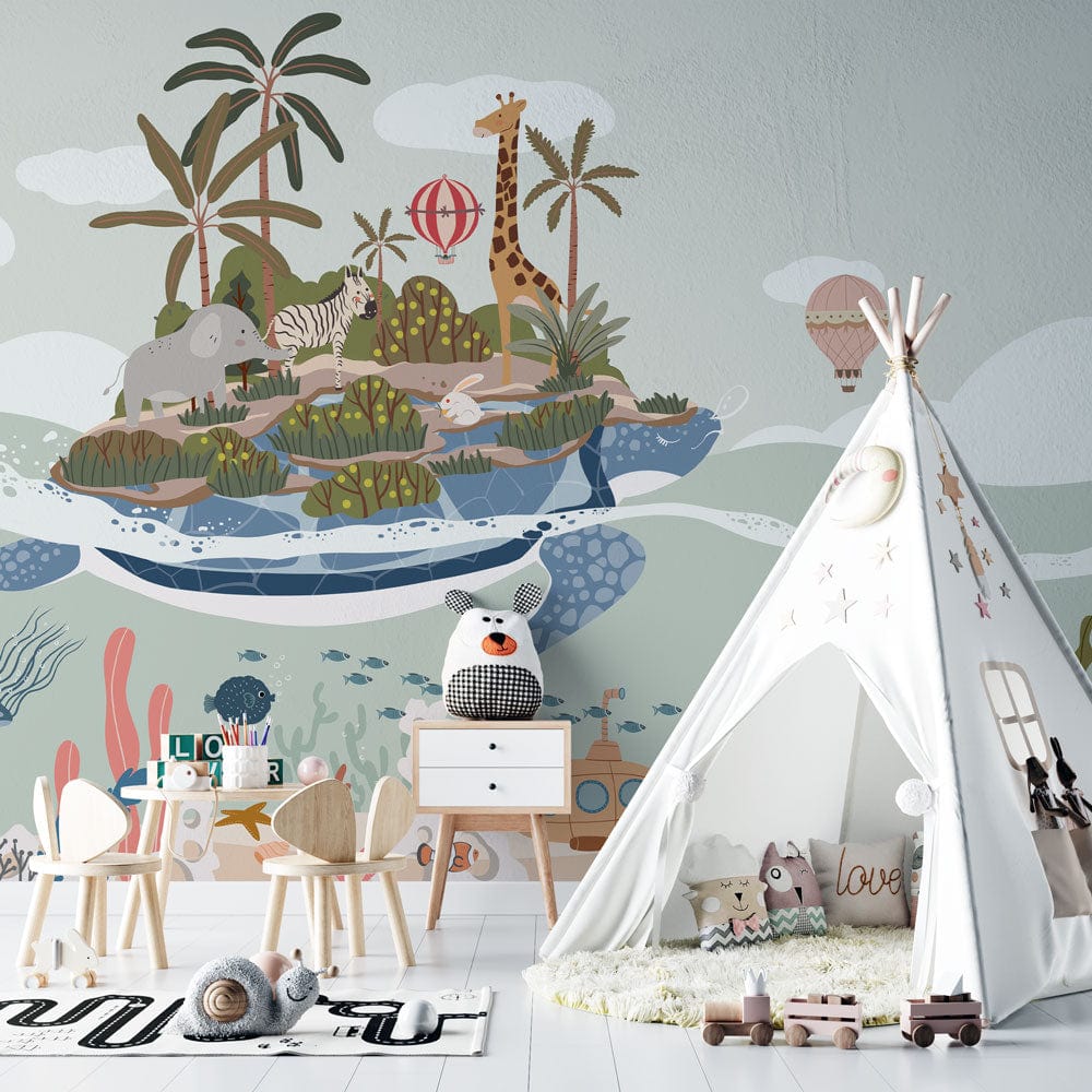 Wallpaper mural of a turtle island for use in decorating children's rooms