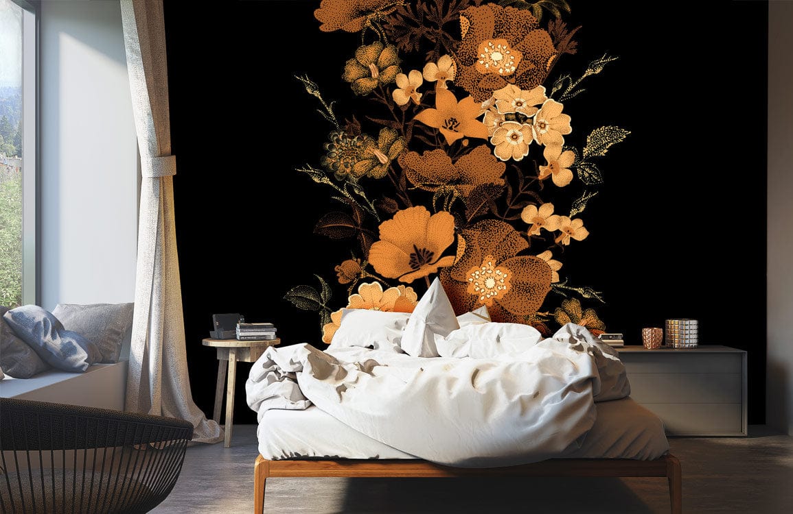 wallpaper design with yellow flowers on a background of black