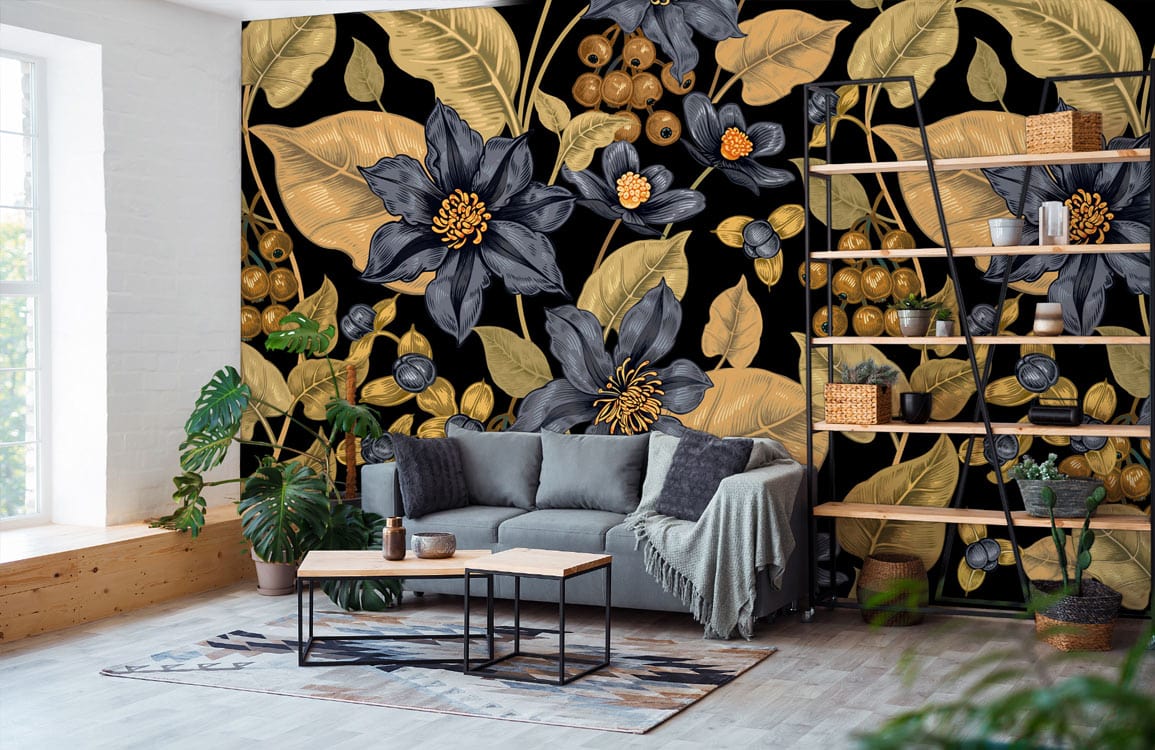 Room wallpaper in yellow and blue with flowers on it