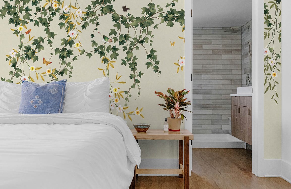 Neutral Weeping Leaves Wallpaper Mural in bedroom