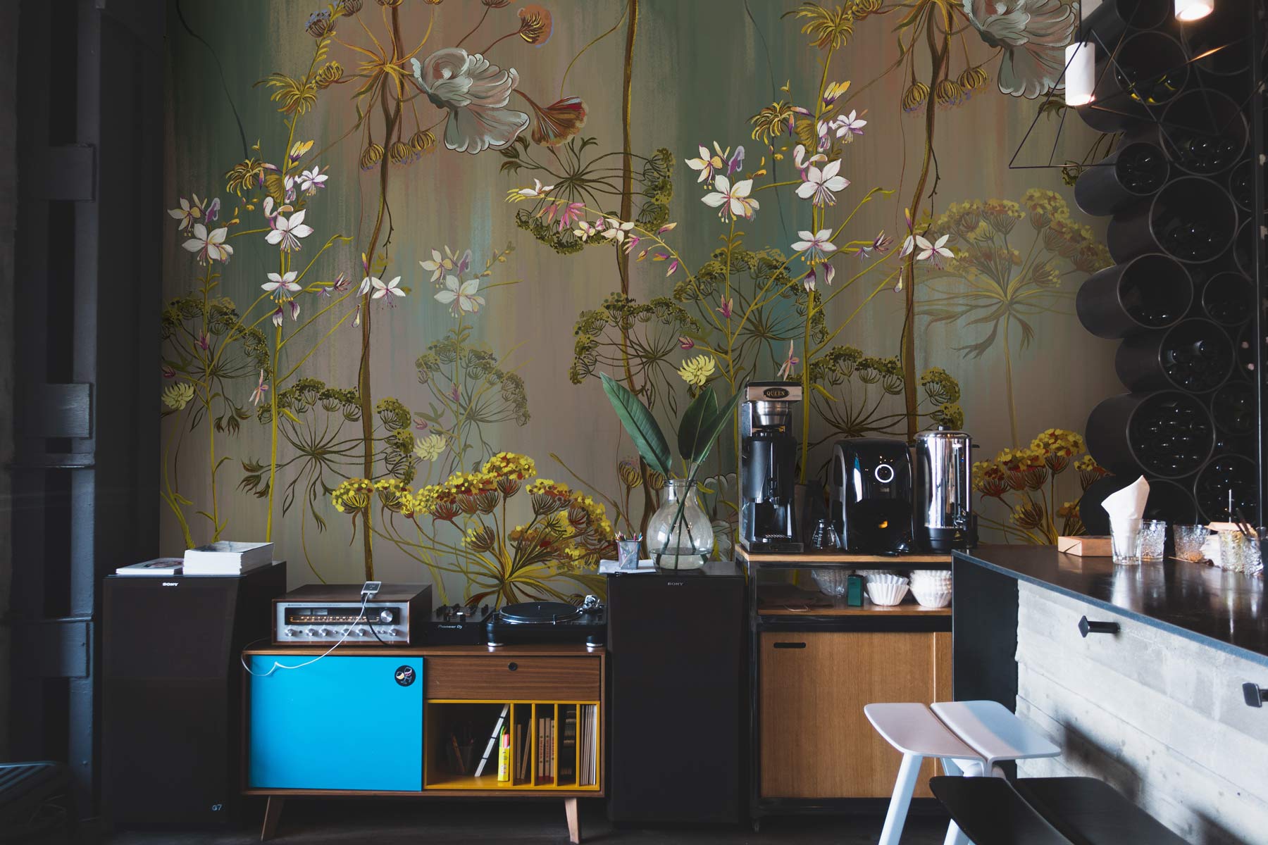 Cafe Bar wallpaper mural featuring antique flowers