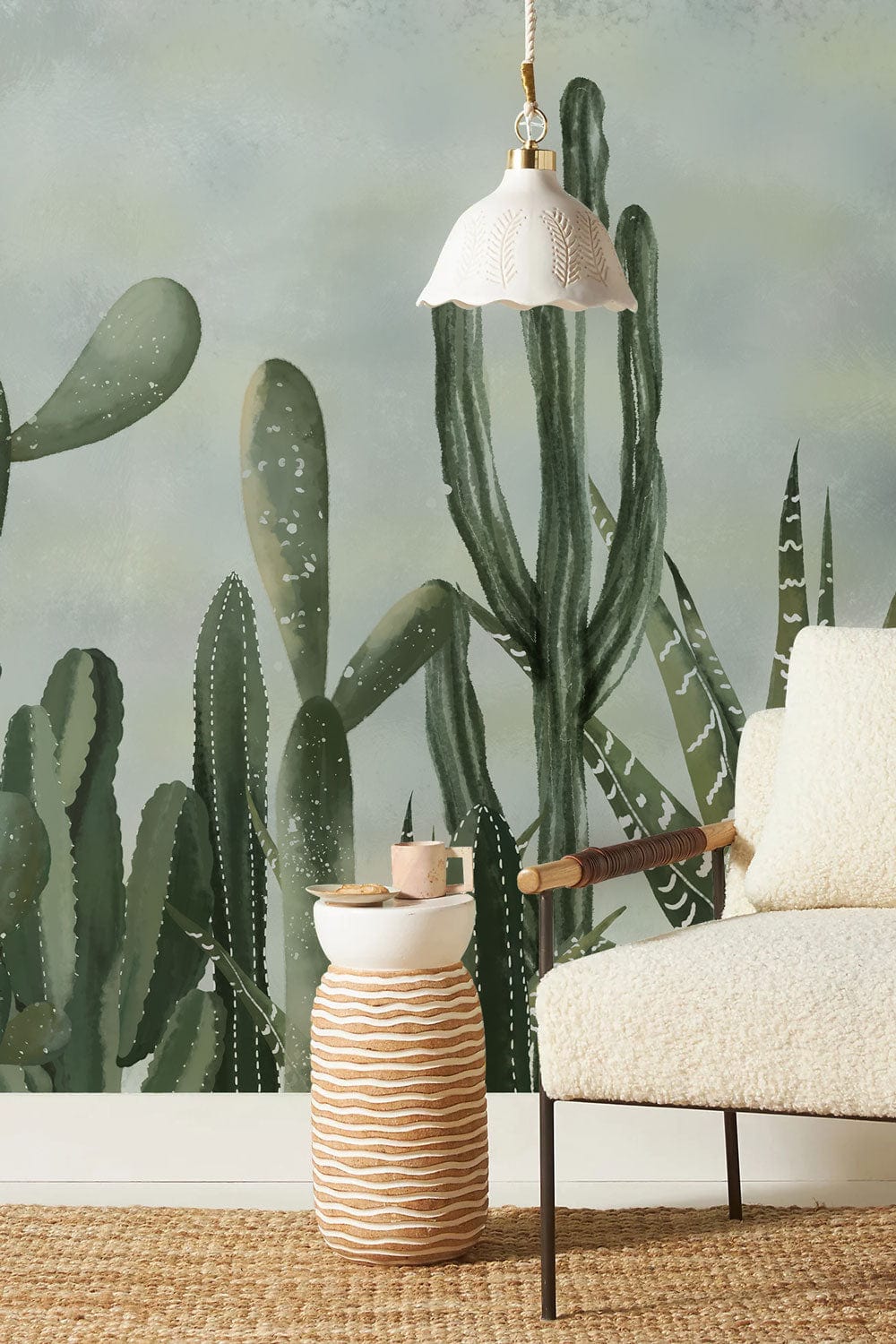 The hallway will have a mural wallpaper covering that has a watercolour cactus motif.