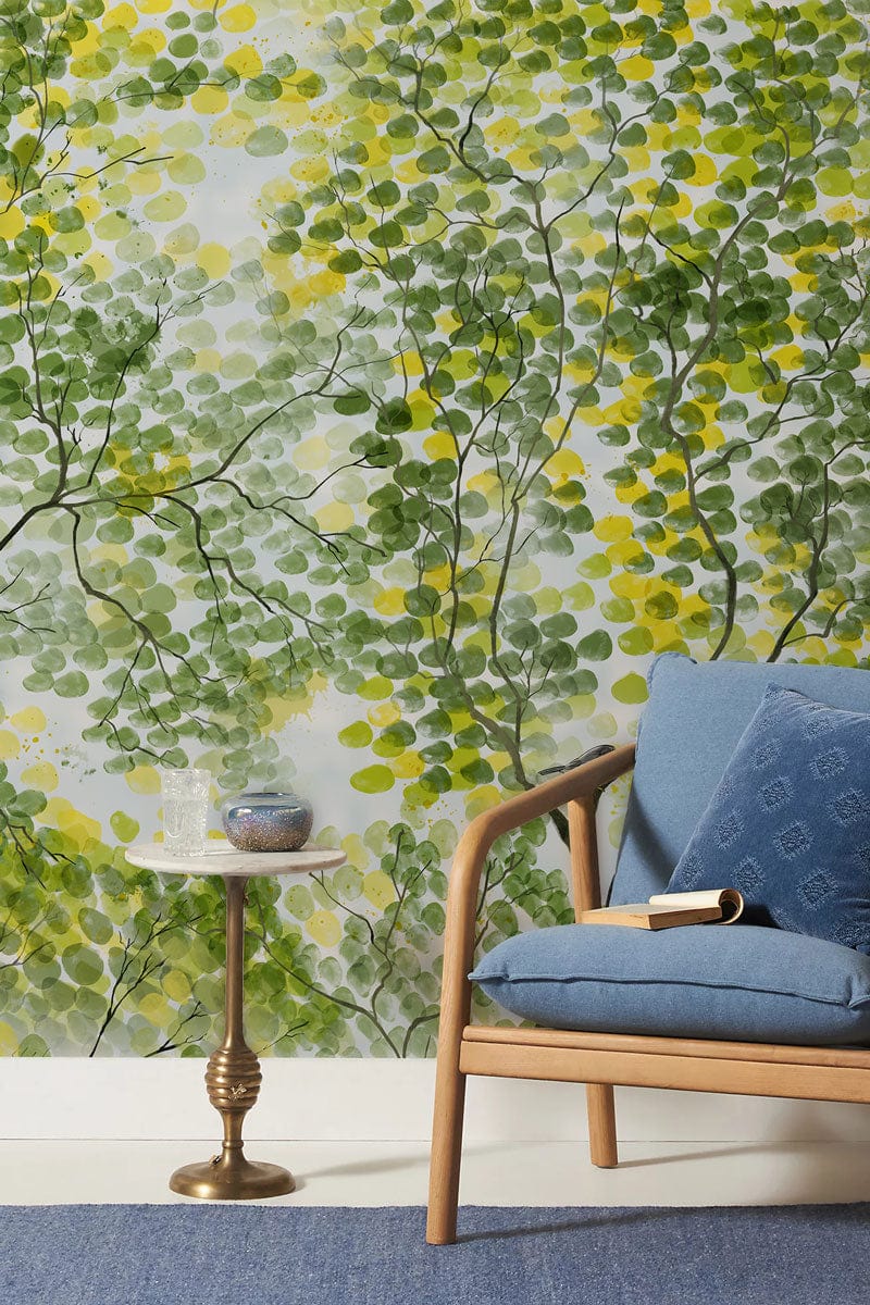 Wallpaper mural featuring a watercolor painting of spring trees for use in decorating the hallway