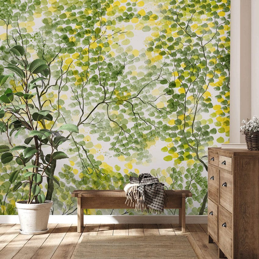 Wallpaper mural with a watercolored illustration of spring trees, perfect for use in the hallway.