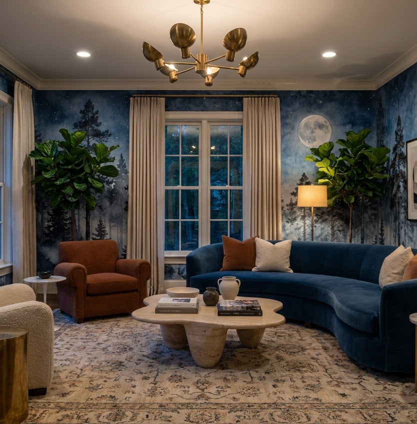 Blue Watercolor Moonlit Pine Forest Wallpaper Mural interior scene