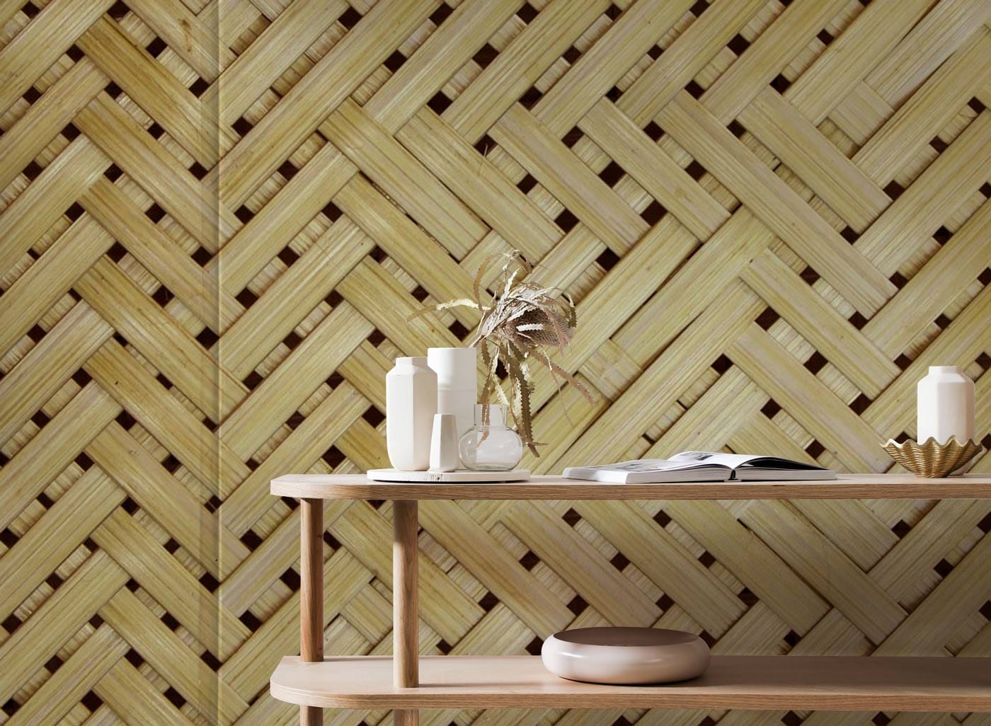 Wallpaper with a pastel wood pattern and a mural in the study room