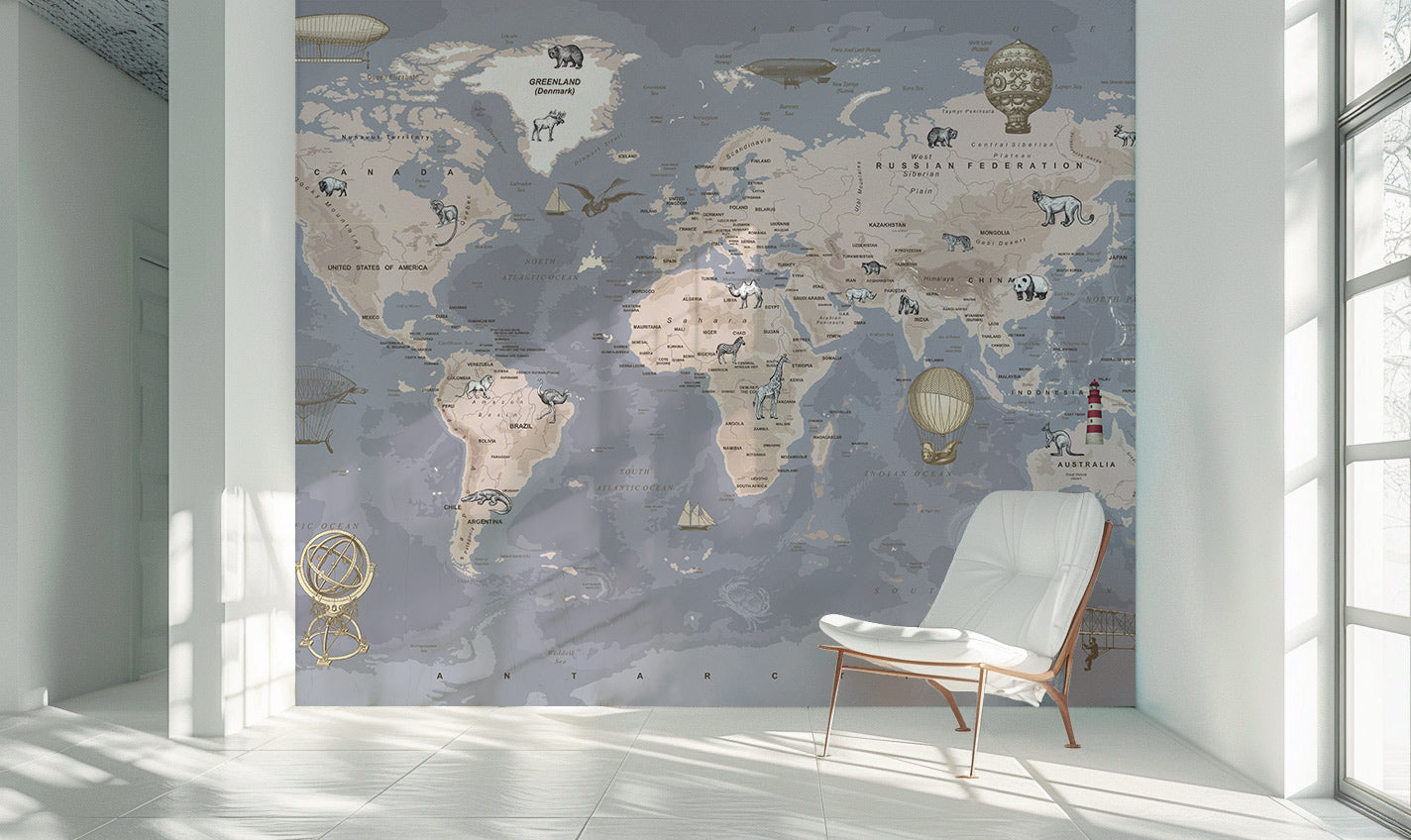 Vintage World Map Animals Wallpaper in living room