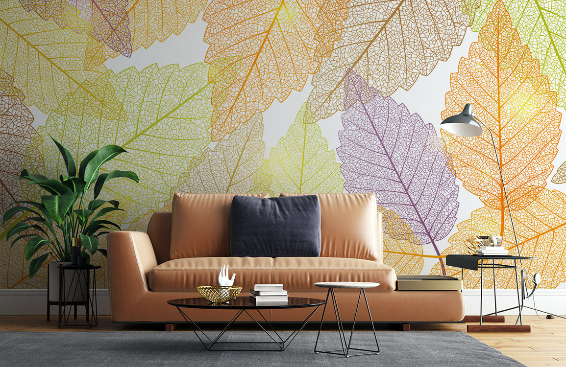 Autumn Leaf Vein Pattern Mural Wallpaper in living room