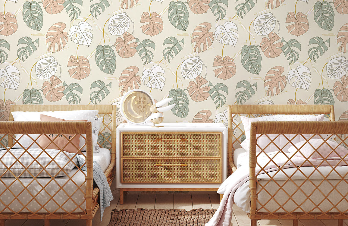 Botanical Leaf Print Neutral Mural Wallpaper in bedroom