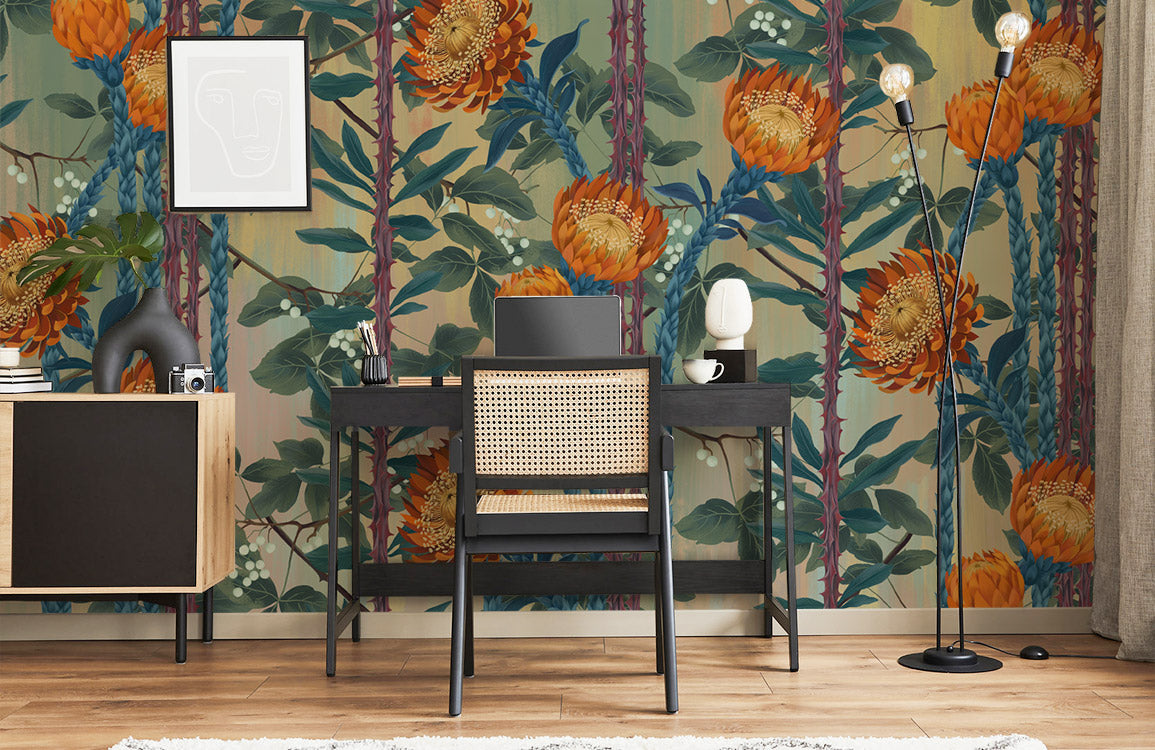 Botanical Orange Flower Stripe Mural Wallpaper in office