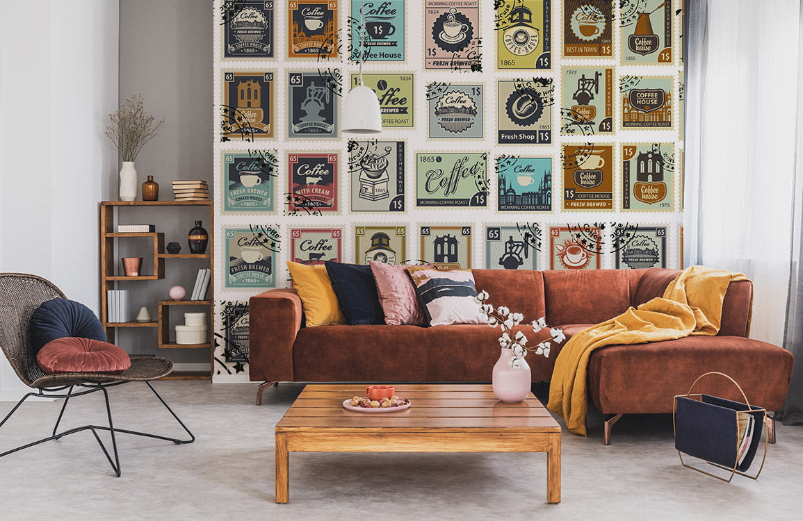Vintage Retro Coffee House Mural Wallpaper in living room