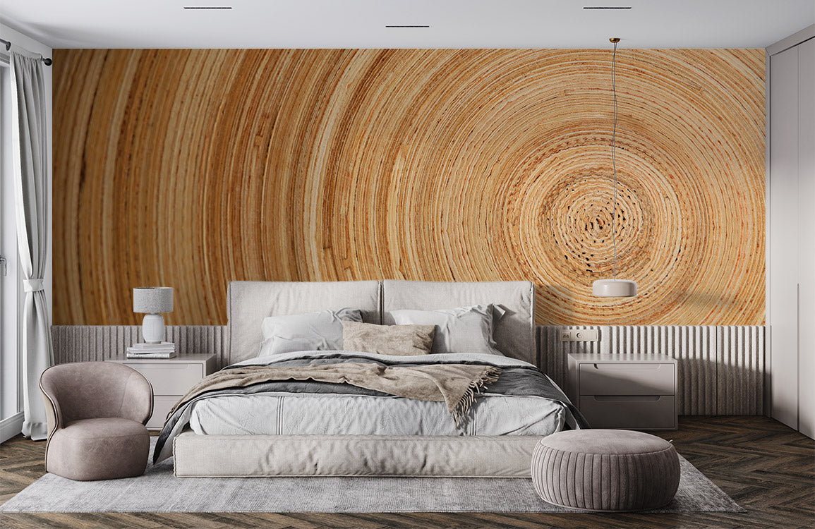 Natural Wood Spiral Grain Mural Wallpaper in bedroom