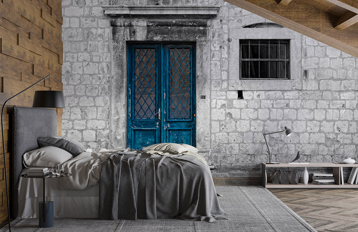 Vintage Blue Door Stone Mural Wallpaper in bedroom