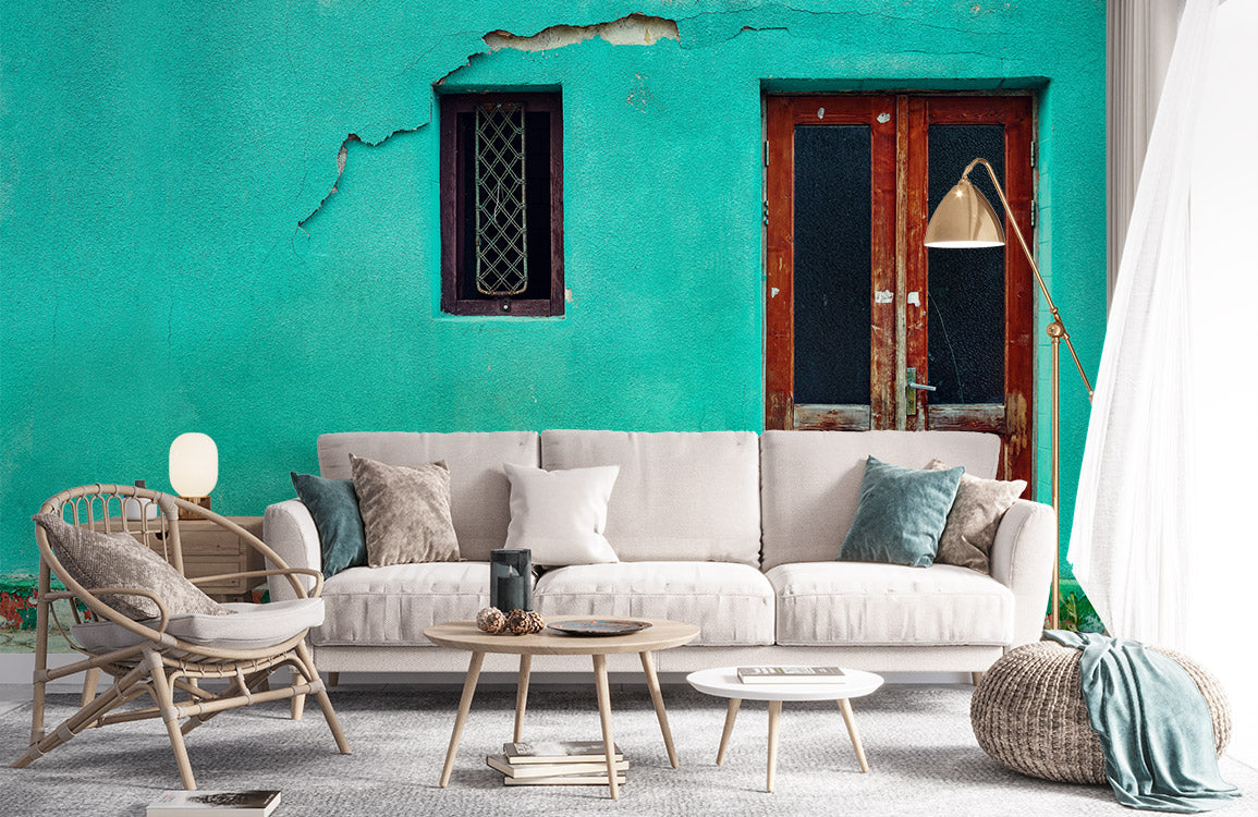 Vintage Turquoise Textured Mural Wallpaper in living room