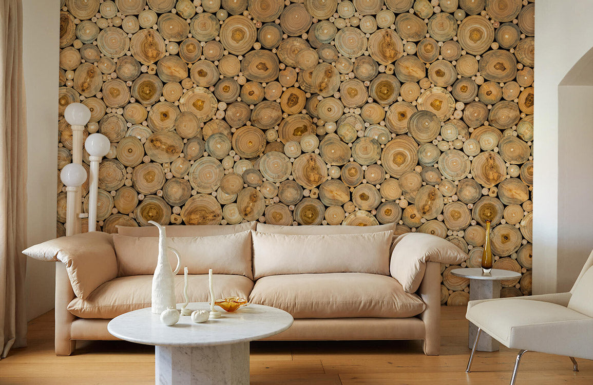 Rustic Wooden Log Stack Mural Wallpaper in living room