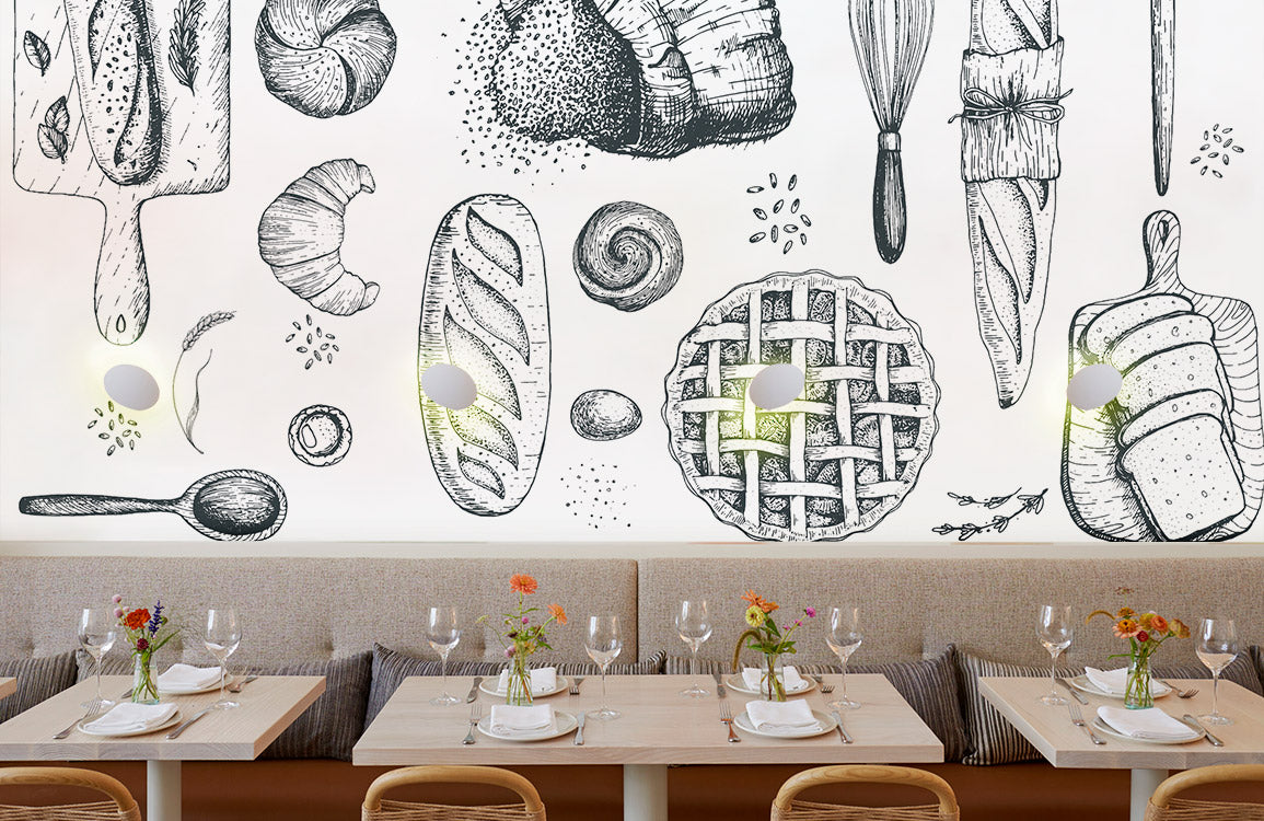 Rustic Kitchen Sketches Wallpaper Mural in dining area