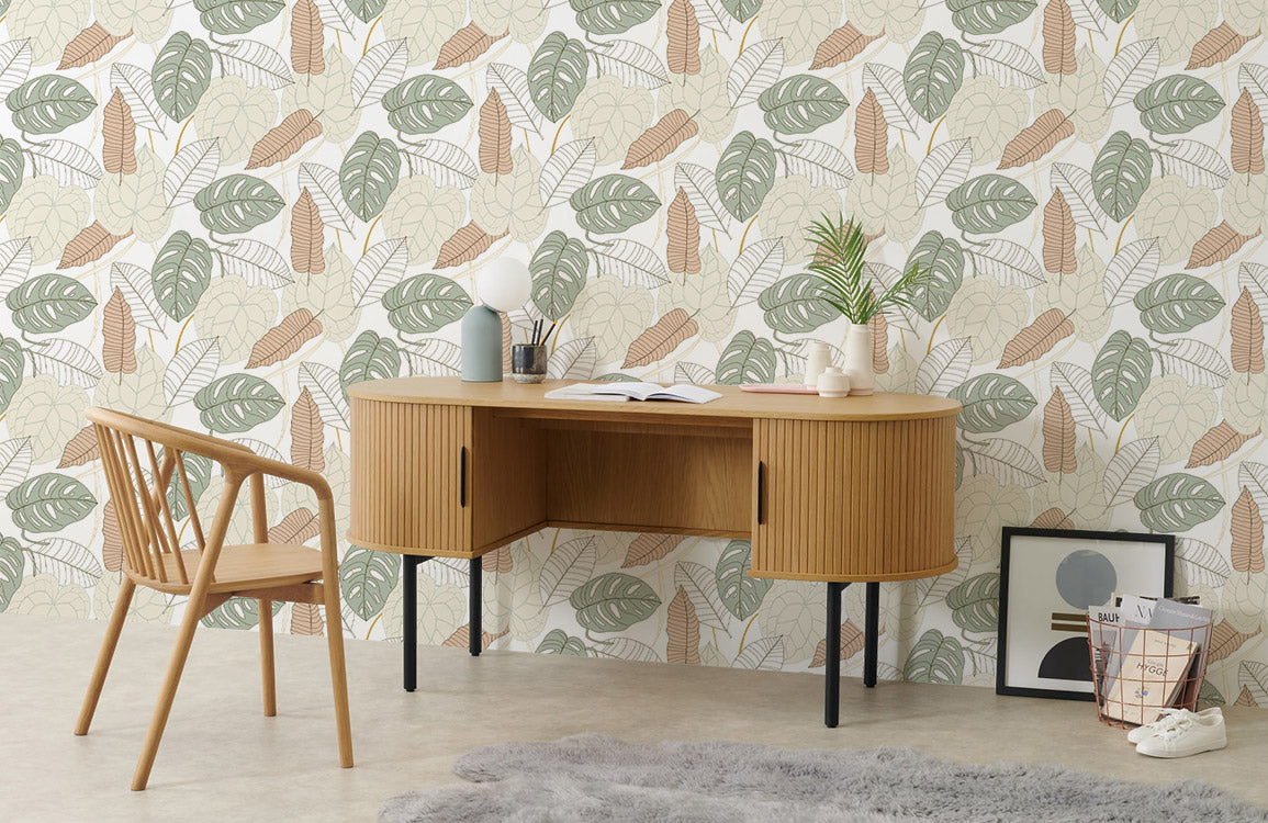 Botanical Leaf Print Neutral Wallpaper Mural in office