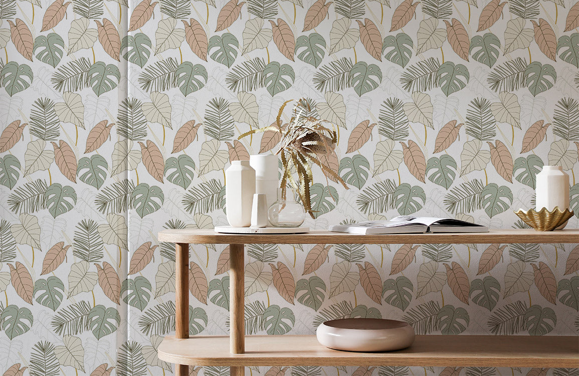 Tropical Leaf Pattern Neutral Mural Wallpaper in living room
