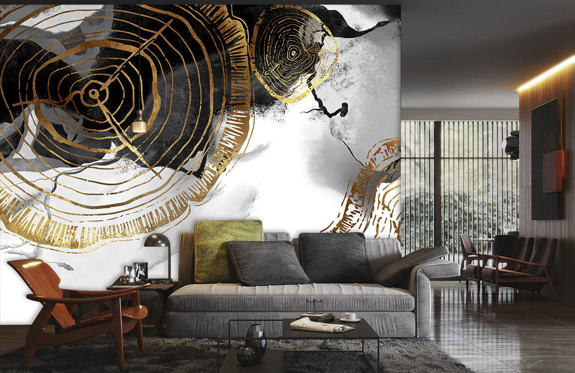 Abstract Gold Swirls on White Mural Wallpaper in living room