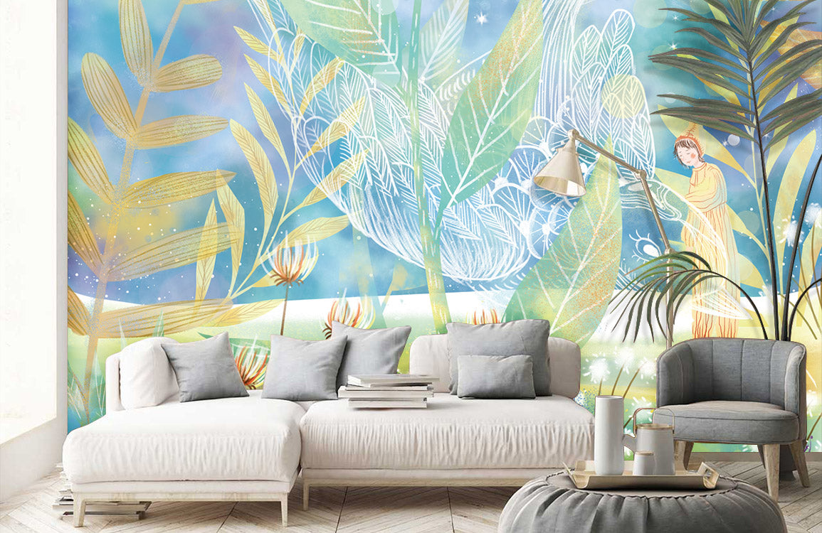 Whimsical Botanical Forest Mural Wallpaper in living room