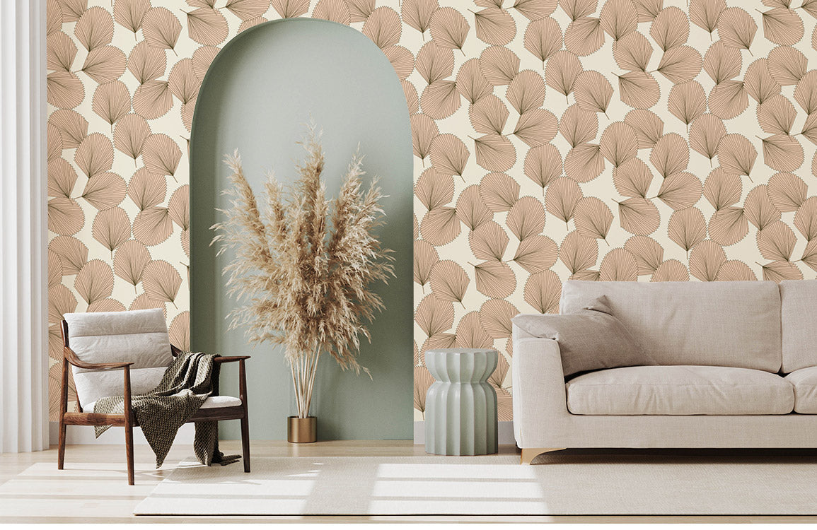 Neutral Botanical Leaf Pattern Wallpaper Mural in living room