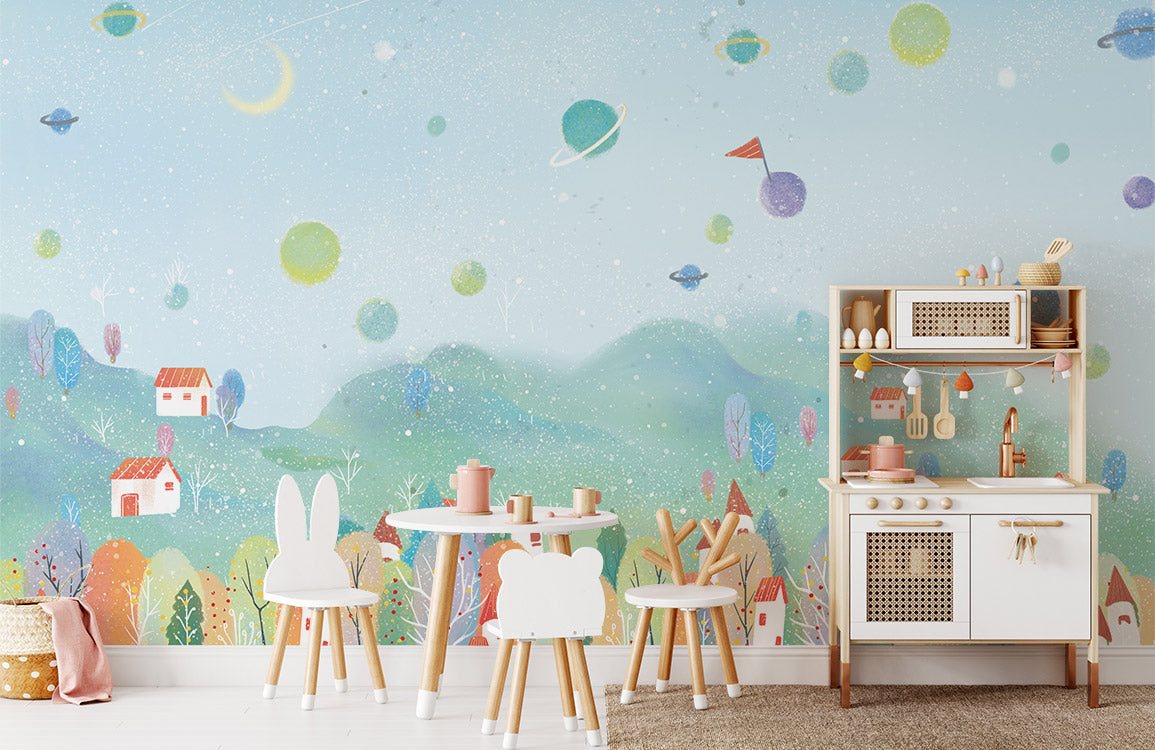Whimsical Space Village Pastel Mural Wallpaper in playroom