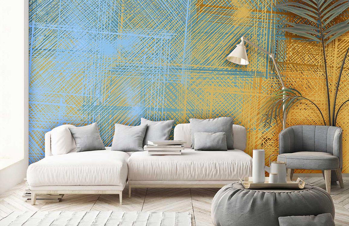 Abstract Blue and Gold Mural Wallpaper in living room