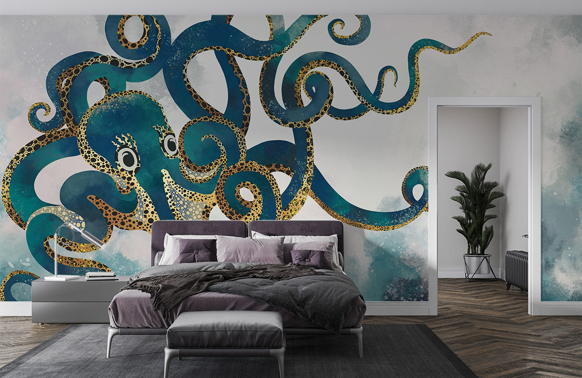 Whimsical Ocean Octopus Art Mural Wallpaper in bedroom
