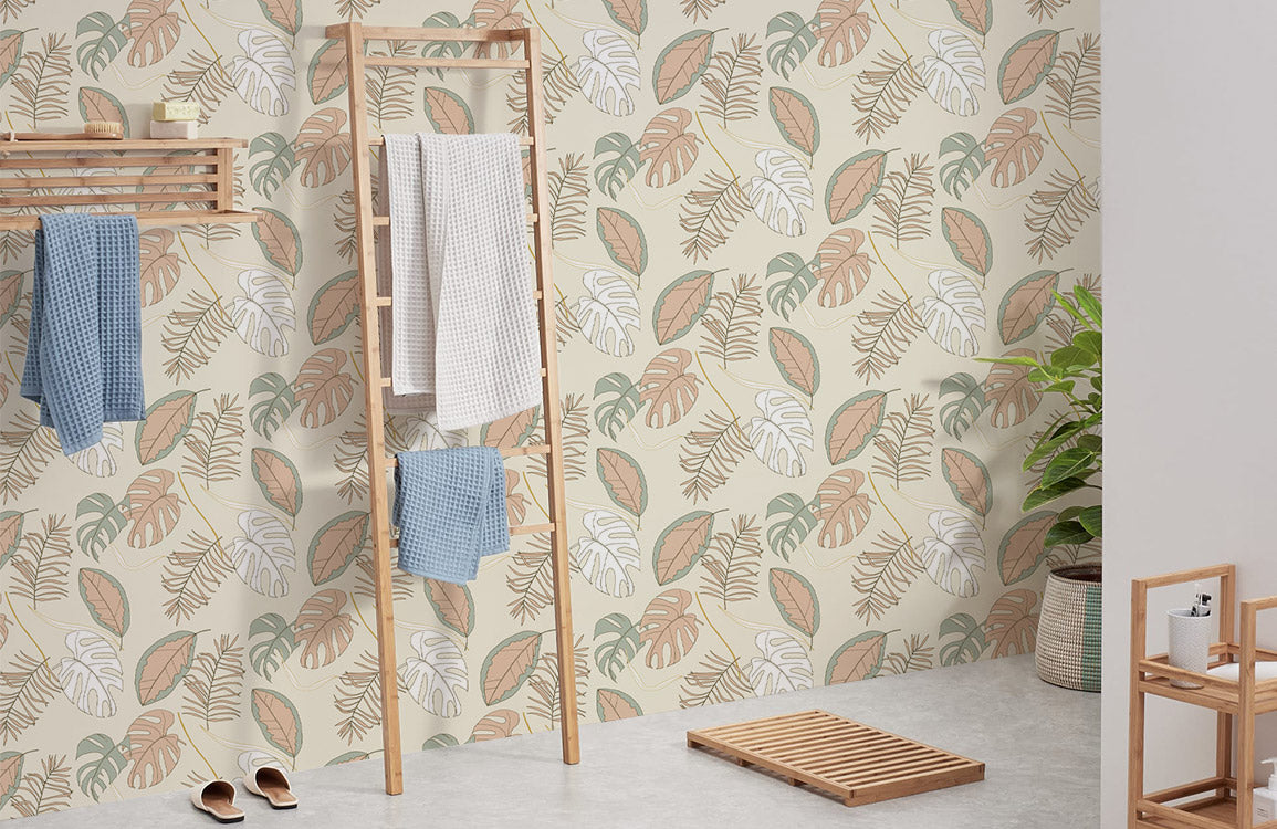 Botanical Leaf Pattern Neutral Mural Wallpaper in bathroom