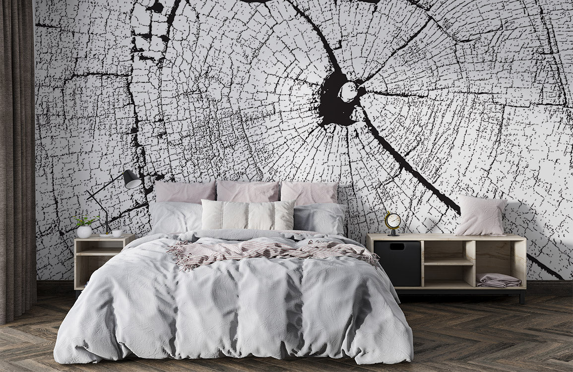 Black and White Tree Rings Mural Wallpaper in bedroom