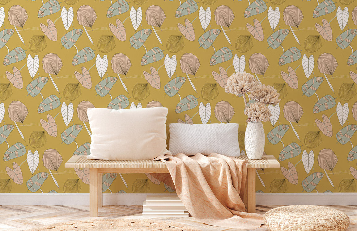 Abstract Botanical Leaf Pattern Mural Wallpaper in living room