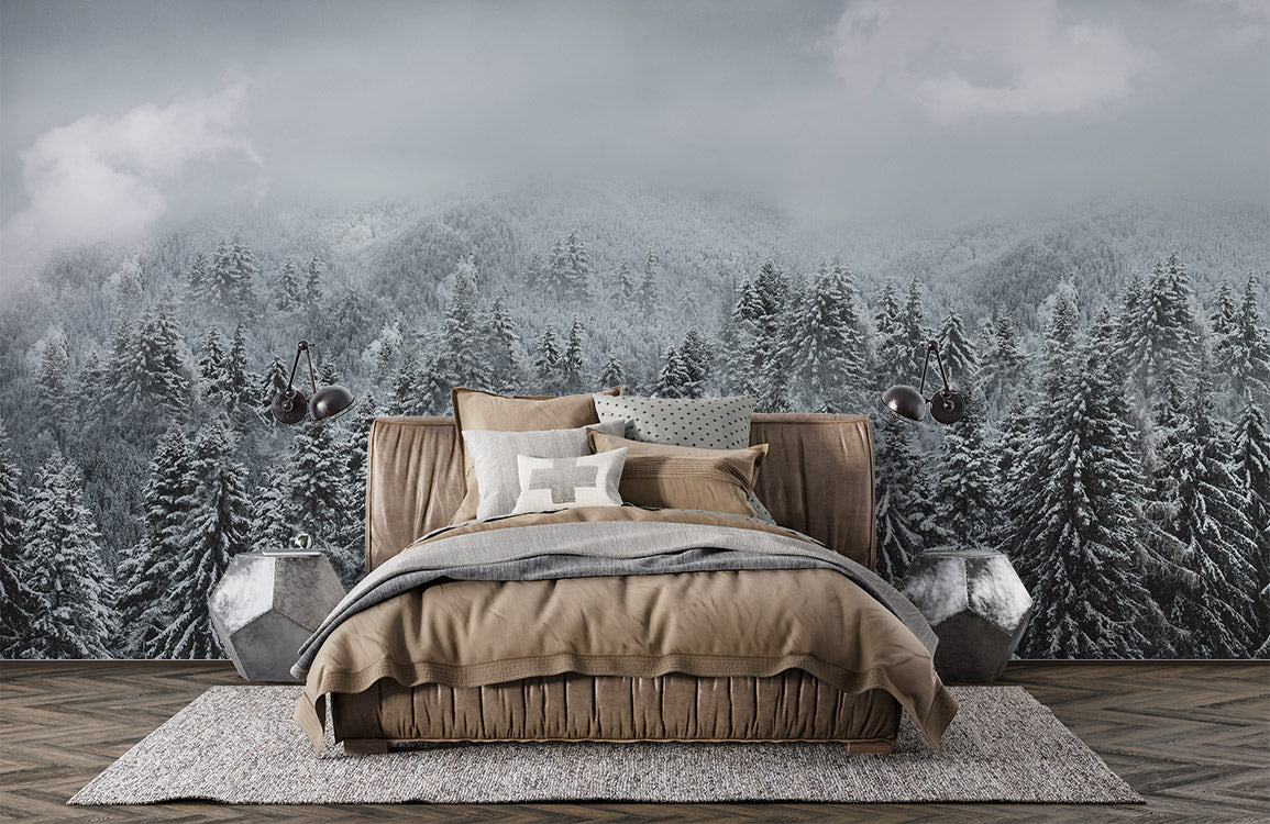 Winter Forest Snowscape Mural Wallpaper in bedroom