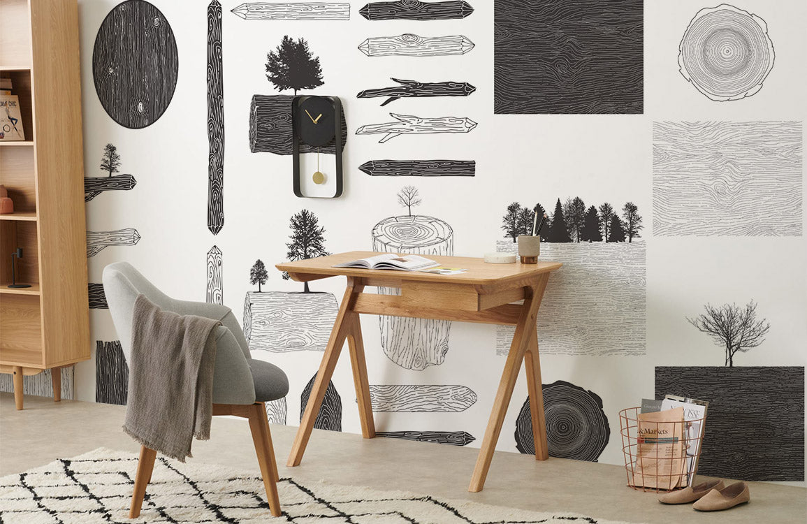 Monochrome Woodland Silhouette Mural Wallpaper in study or workspace