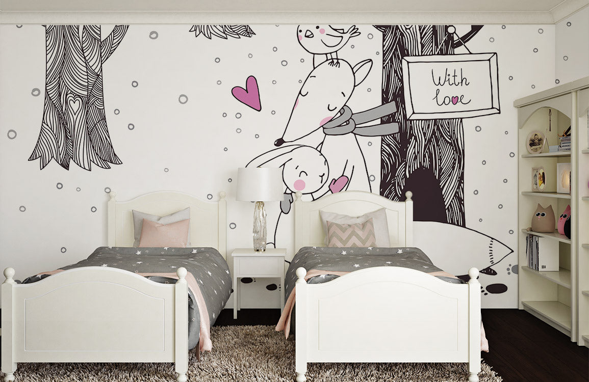 Whimsical Forest Animal Love Mural Wallpaper in bedroom