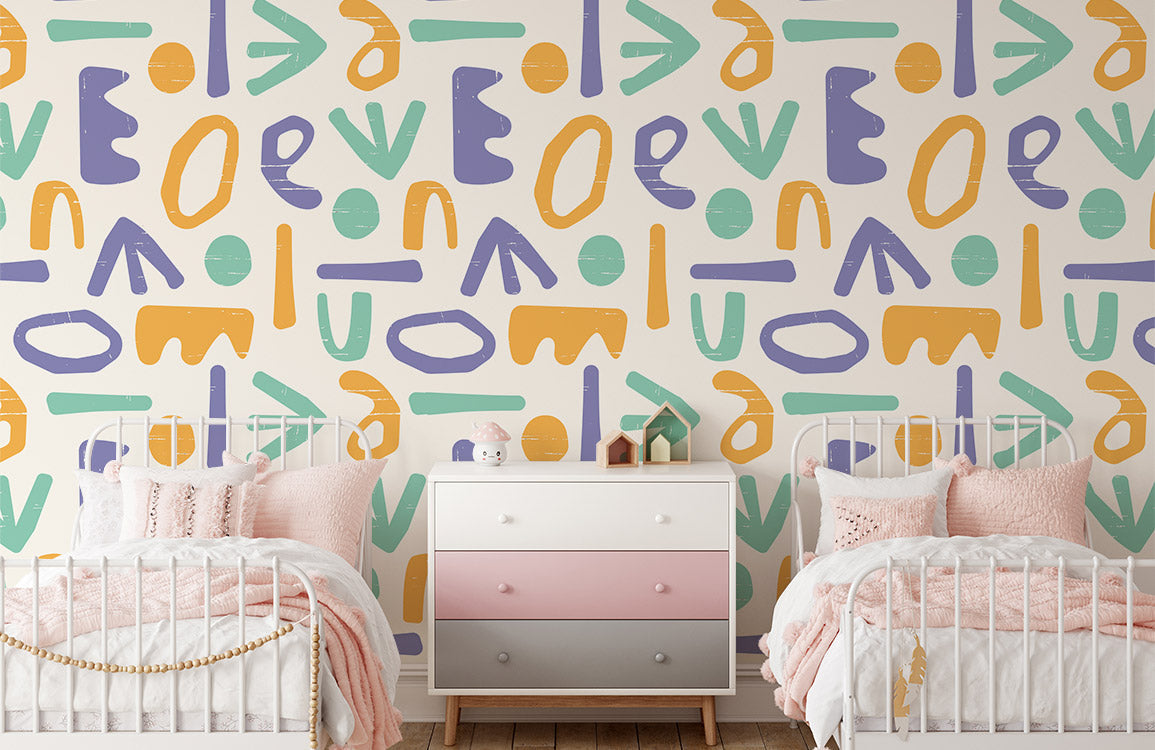Patterned Wallpaper Mural with Colorful Letters, Suitable for Home Decoration