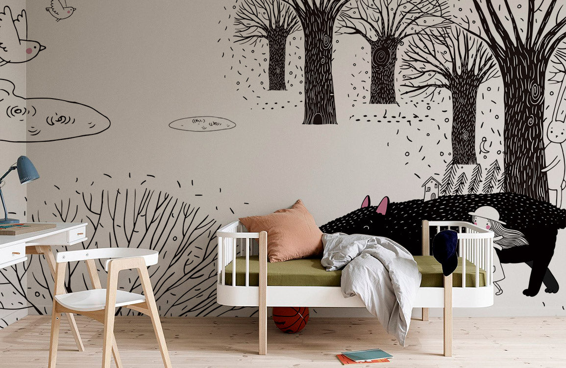 Whimsical Forest Animal Love Wallpaper Mural in bedroom
