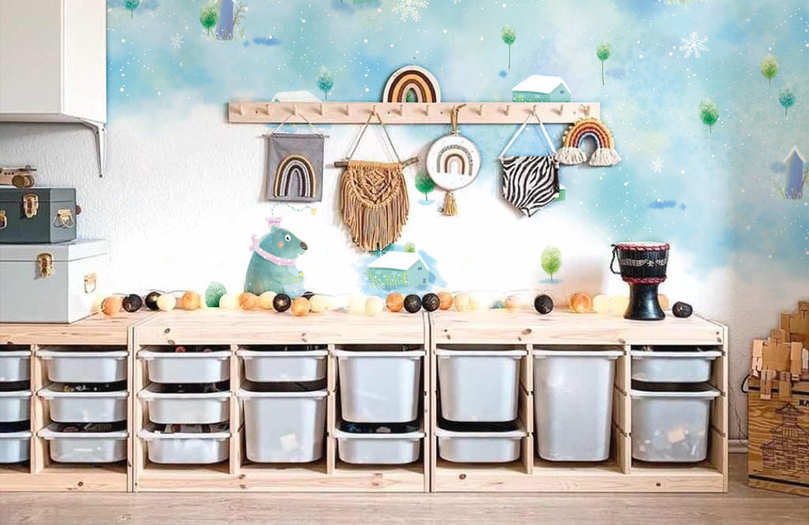 Whimsical Winter Village Mural Wallpaper in playroom