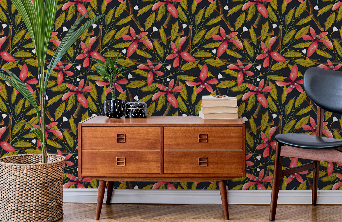 Tropical Floral Botanical Mural Wallpaper in living room