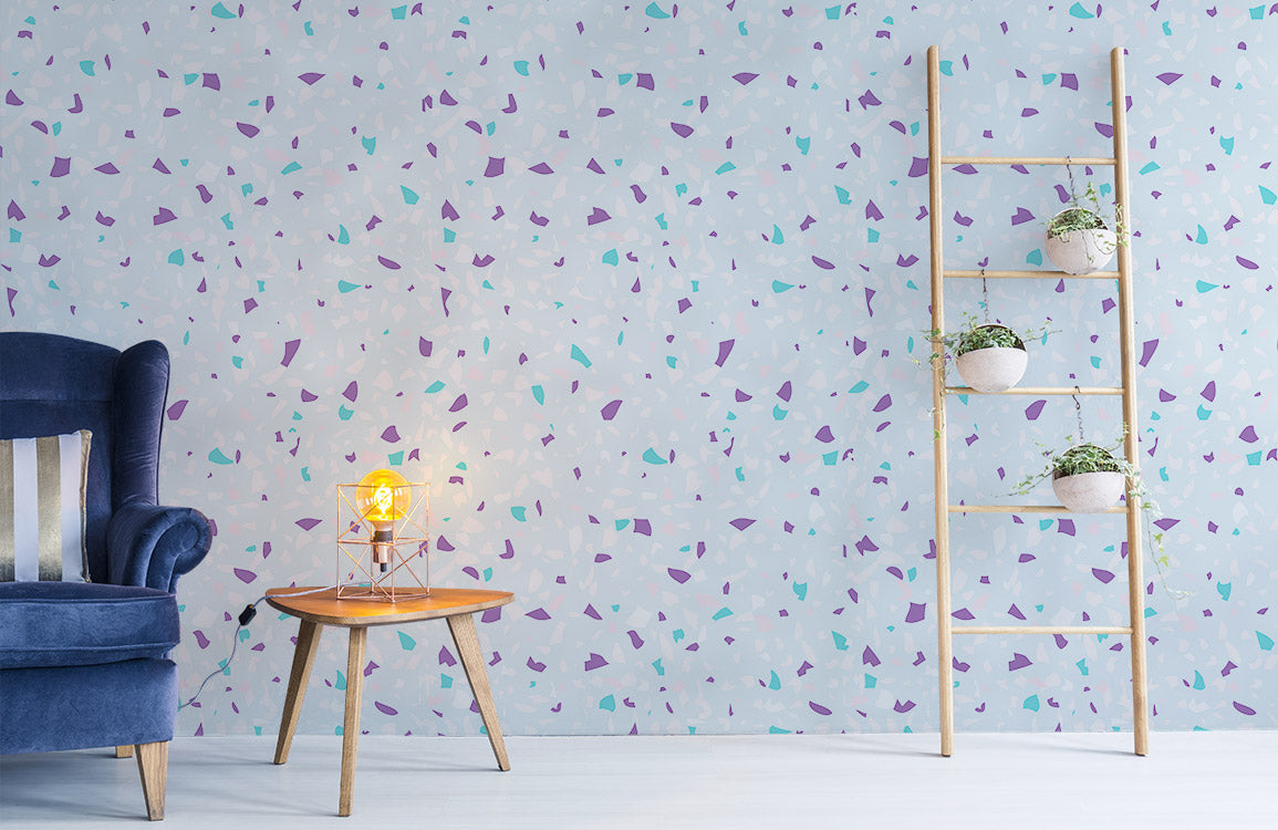 Wallpaper with a blue marble pattern that is a mural in the room