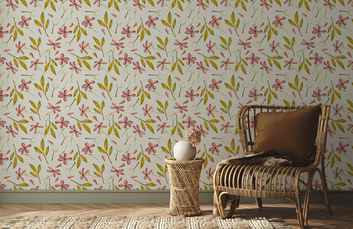 Pink Floral Leafs Modern Mural Wallpaper in living room