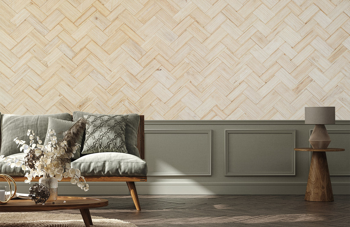 Natural Herringbone Wood Texture Mural Wallpaper in living room