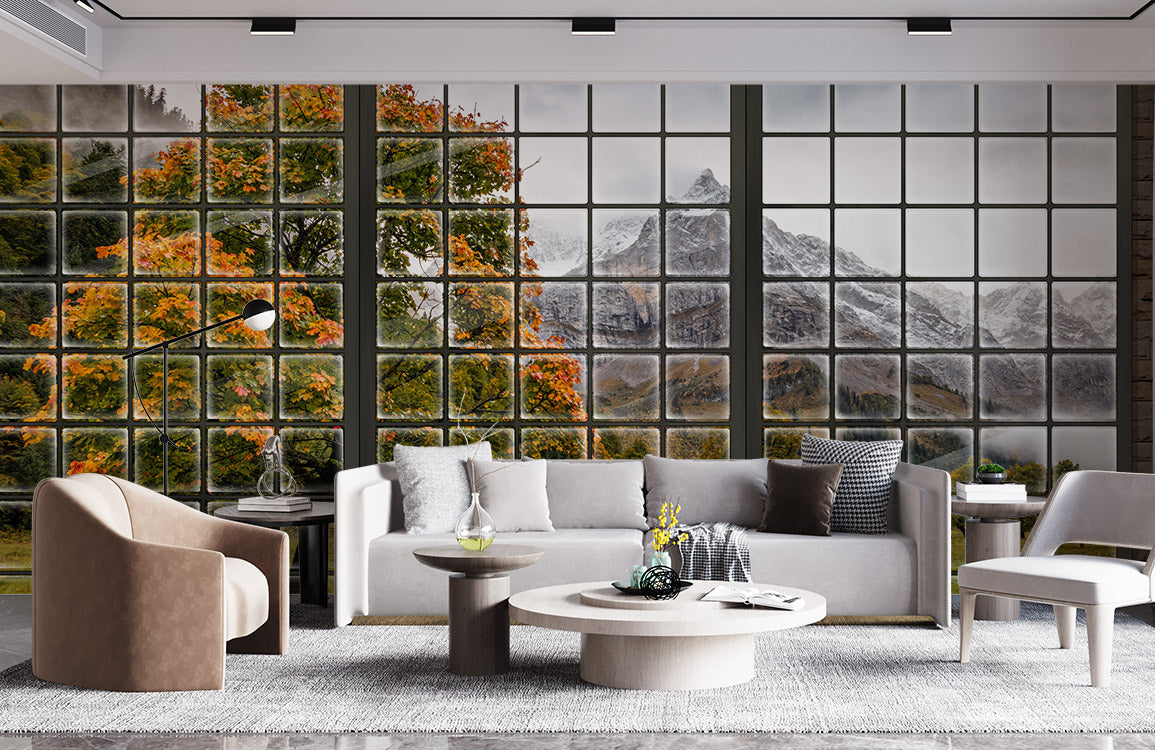 Wallpaper mural with window trees for use in interior design.