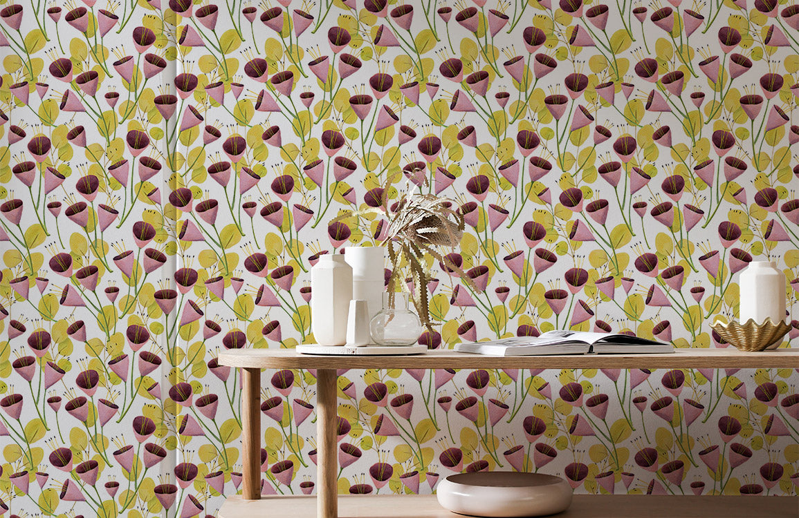 Vintage Floral Pink Geometric Mural Wallpaper in living room